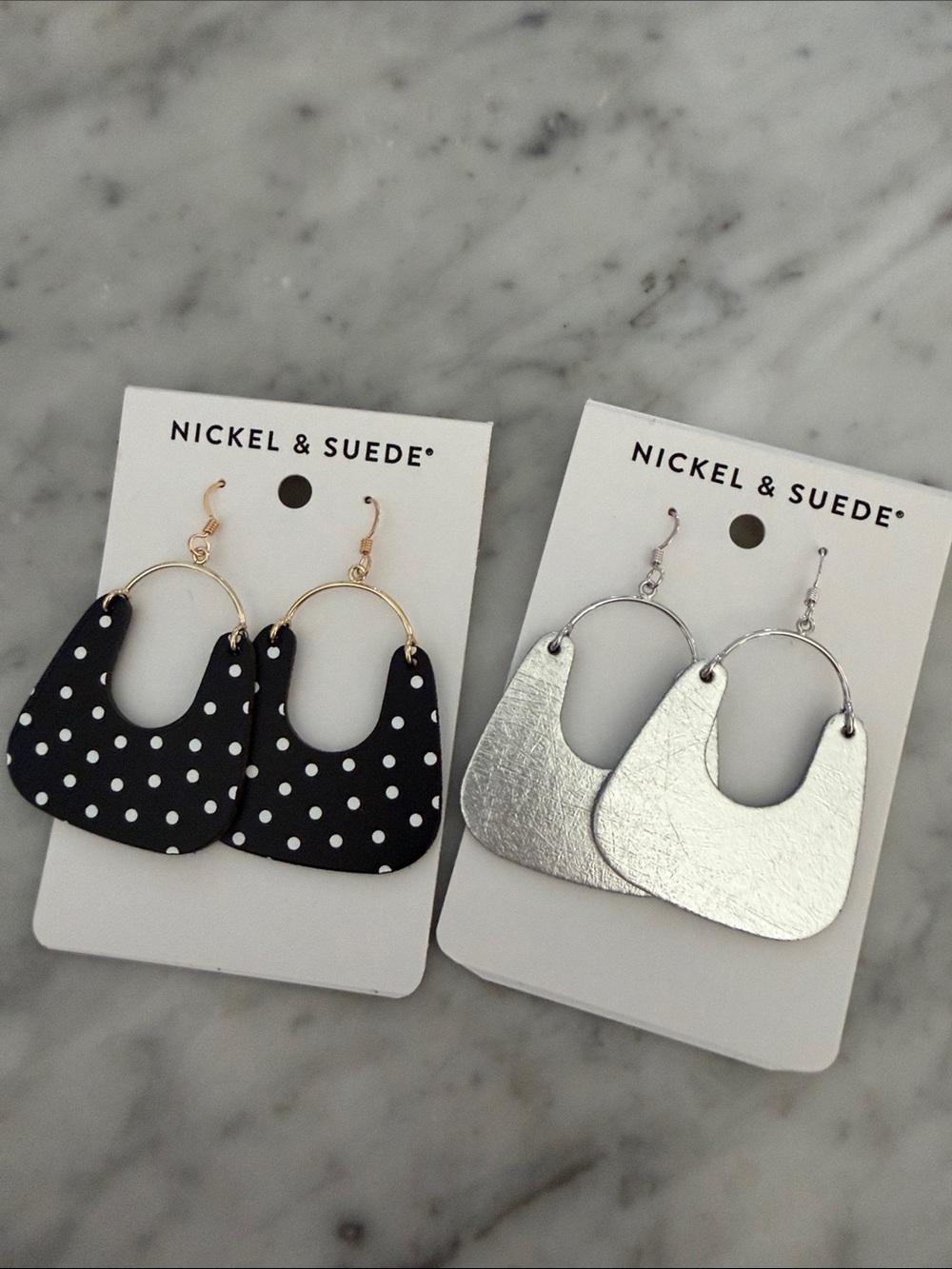 Nickel & Suede Polka Dot Black and Metallic Silver Drop Earrings - Set of 2